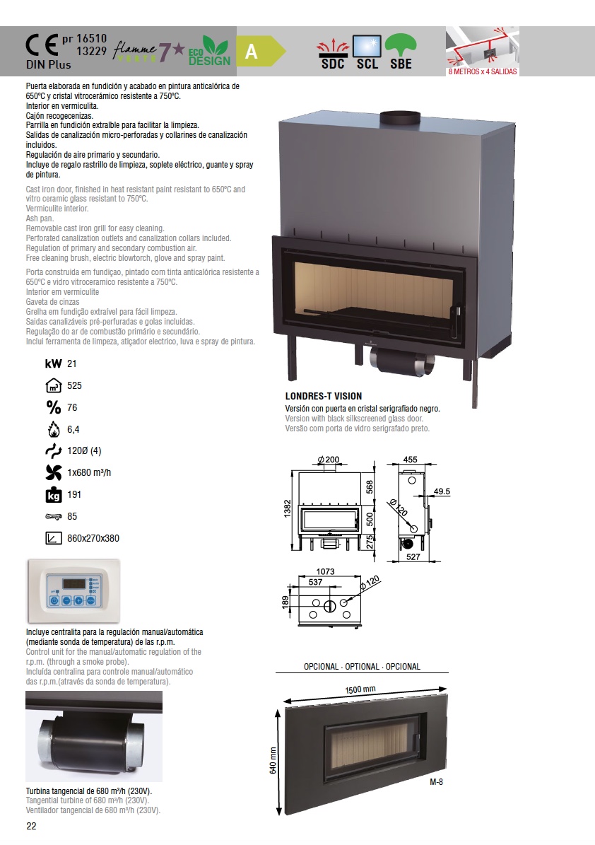 Insertable de leña Bronpi LONDRES 21 kW con turbina