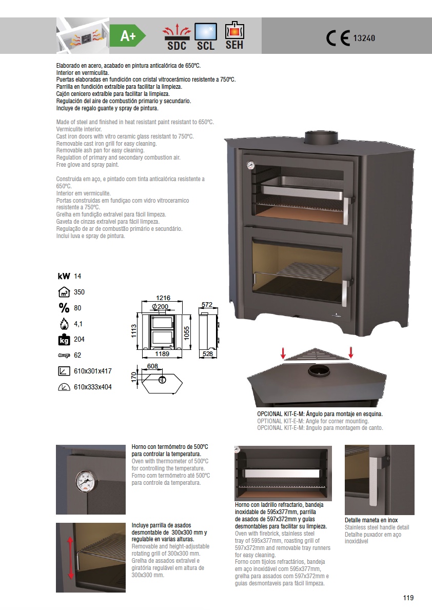 Horno de leña Bronpi MURANO 14 kW de rincón