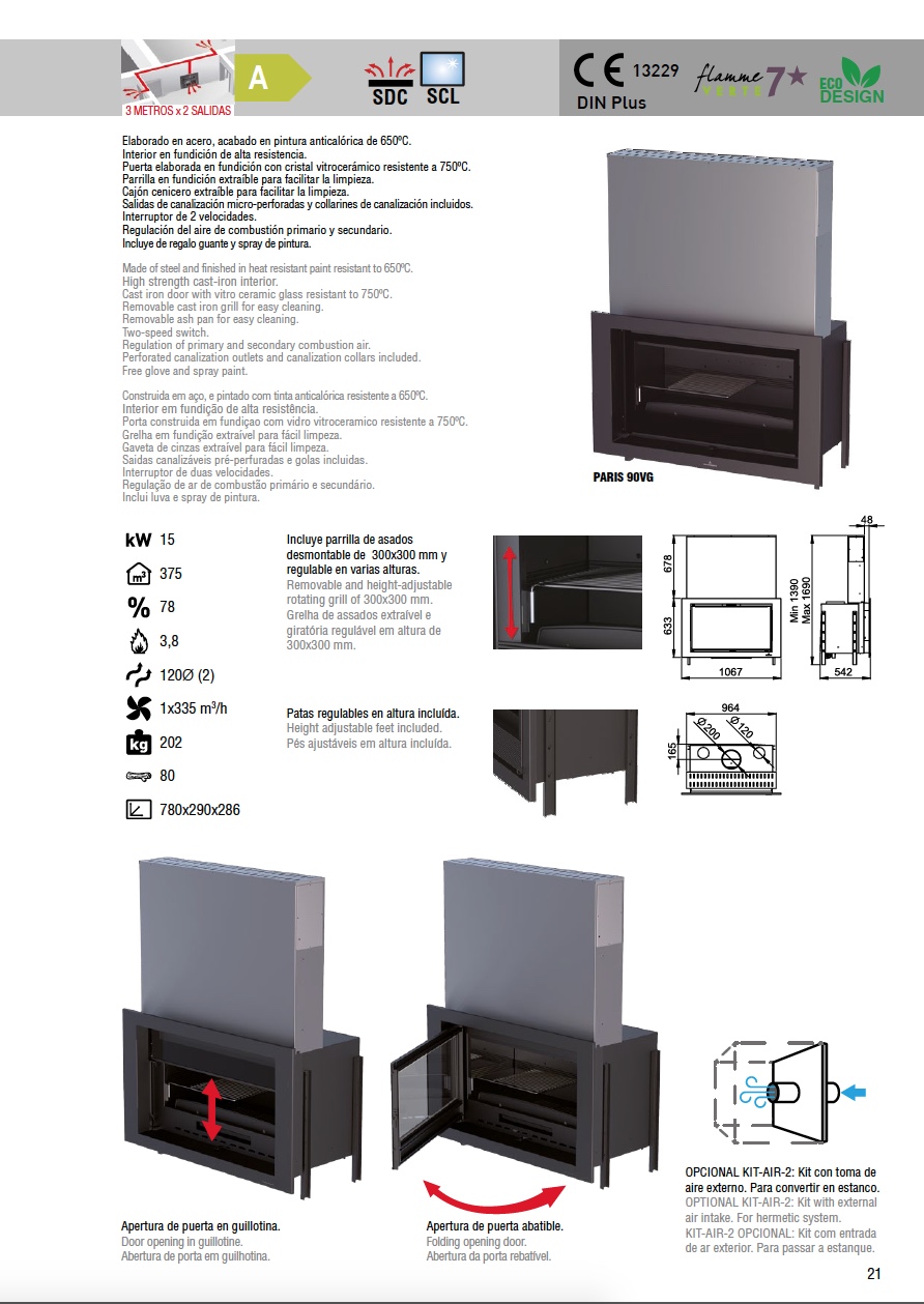 Insertable de leña Bronpi PARIS-90 15 kW Pta Guillotina