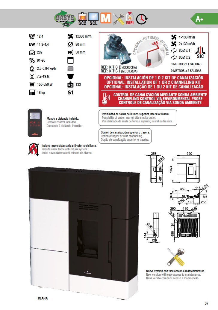 Estufa de pellets extraplana Bronpi CLARA 12 kW