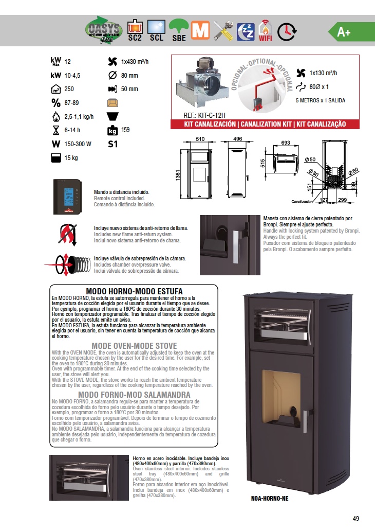 Estufa de pellets con horno Bronpi NOA 12 kW