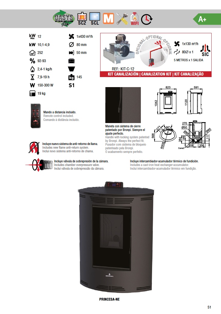 Estufa de pellets de rincón Bronpi PRINCESA 12 kW