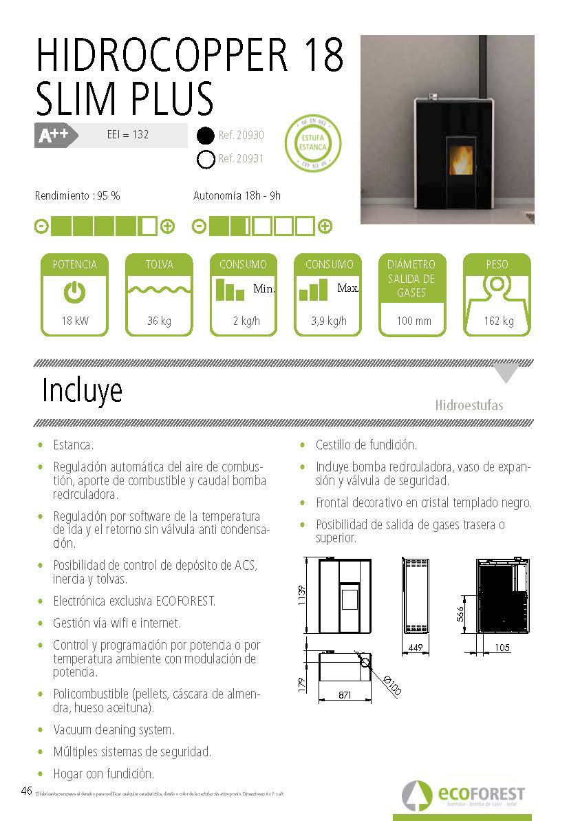 Estufa de pellets Ecoforest HIDROCOPPER 18 kW SLIM PLUS