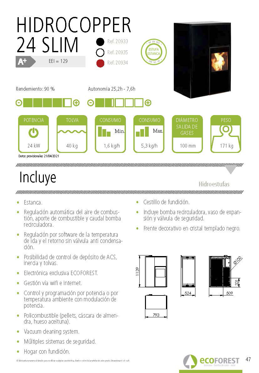 Estufa de pellets Ecoforest HIDROCOPPER 24 kW SLIM