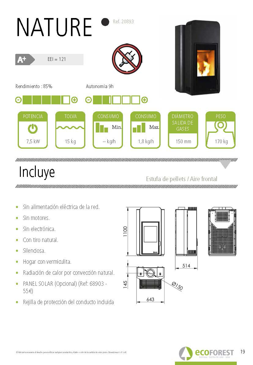 Estufa de pellets sin electricidad Ecoforest NATURE