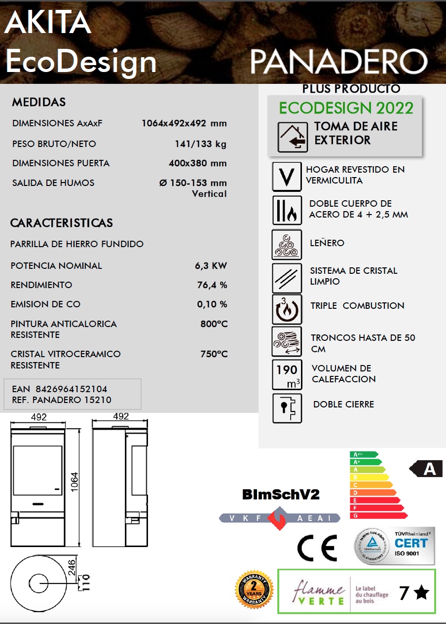 Estufa de leña Panadero AKITA 6,3 kW