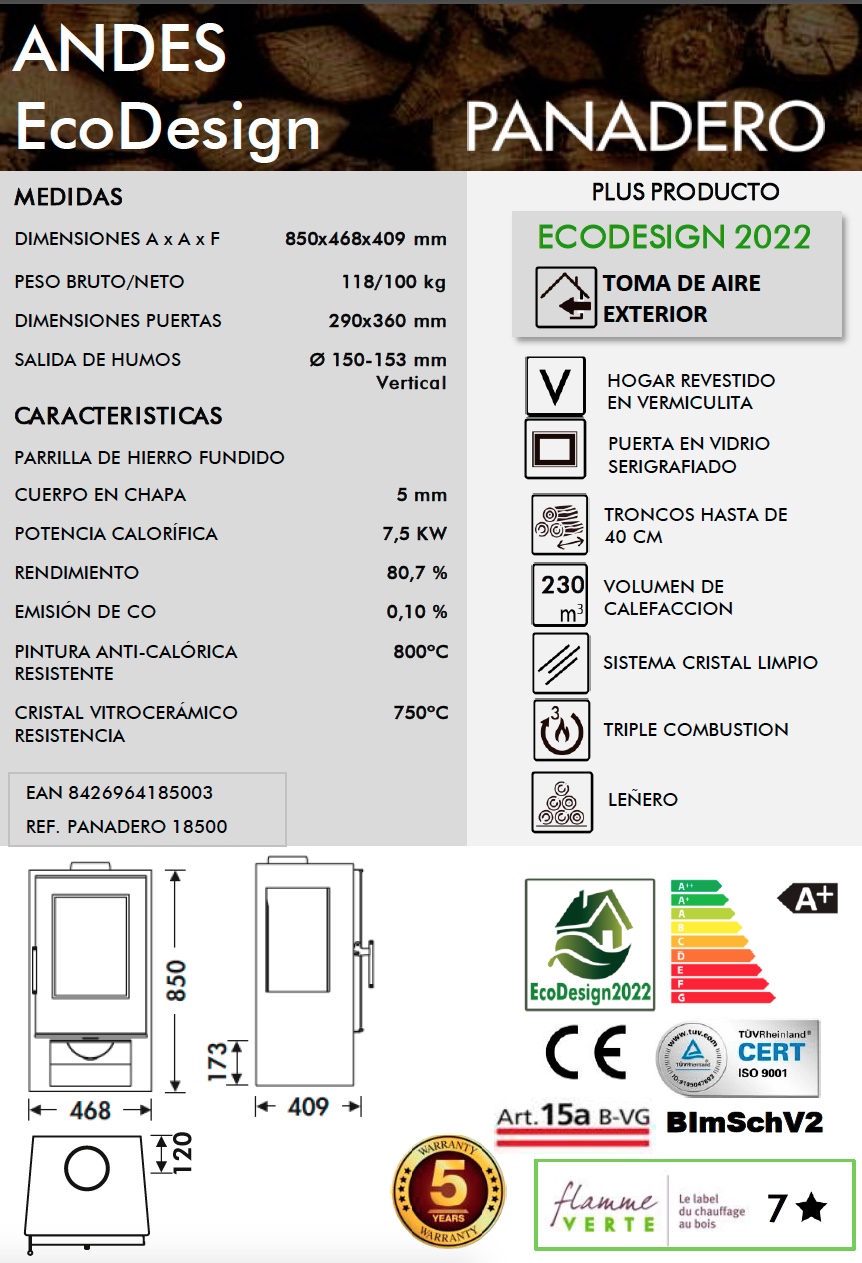 Estufa de leña Panadero ANDES 7,5 kW