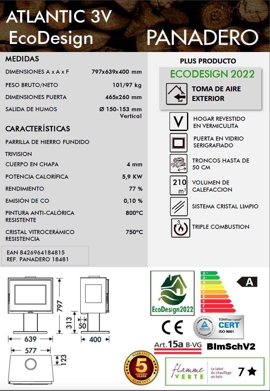 Estufa de leña Panadero ATLANTIC 3V 5,9 kW