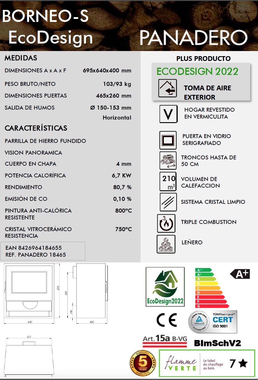 Estufa de leña Panadero BORNEO-S 6,7 kW