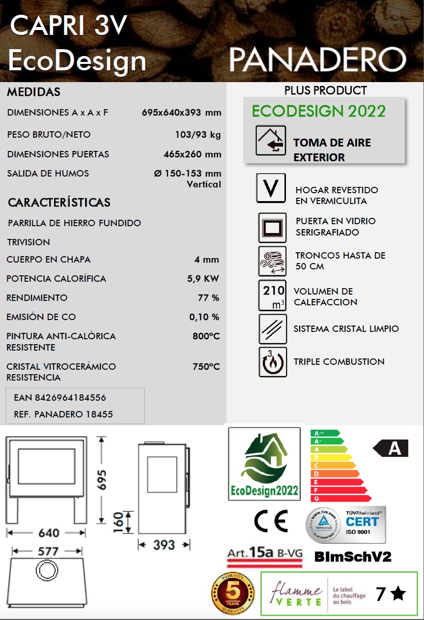 Estufa de leña Panadero CAPRI 3V 5,9 kW