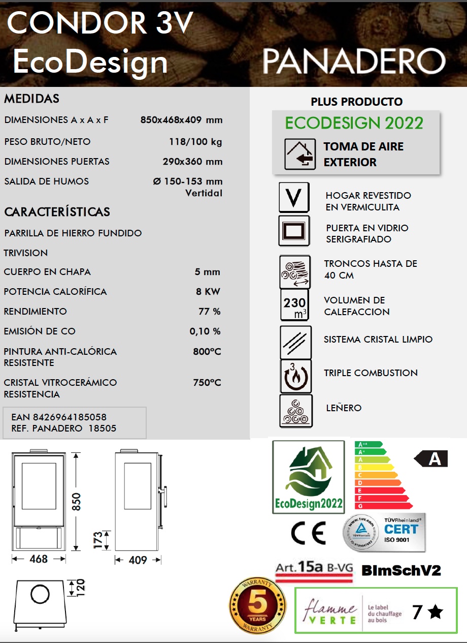 Estufa de leña Panadero CONDOR 3V 8 kW