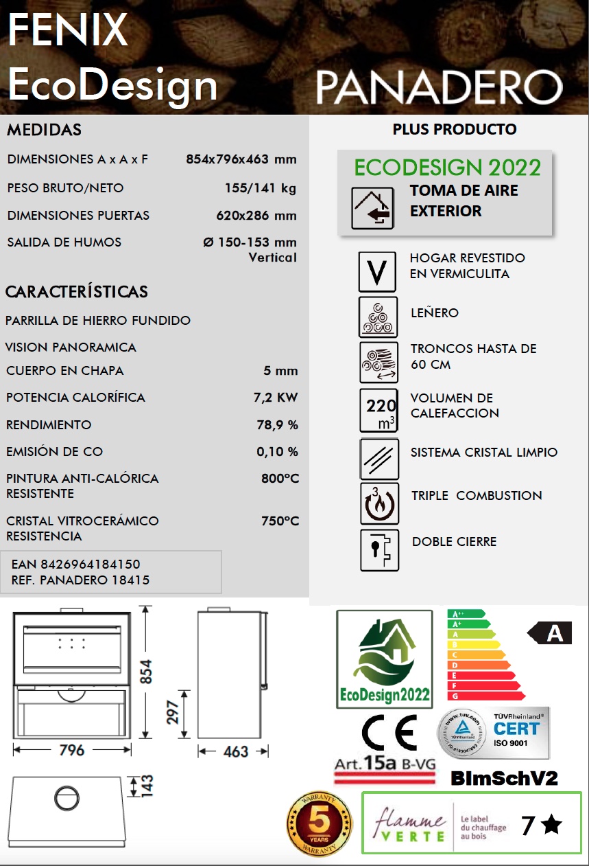 Estufa de leña Panadero FENIX 7,2 kW