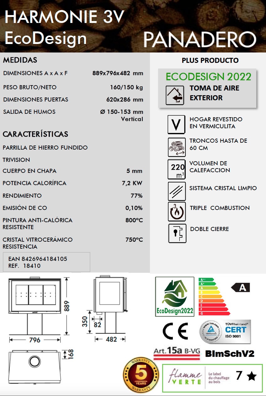 Estufa de leña Panadero HARMONIE 3V 7,2 kW