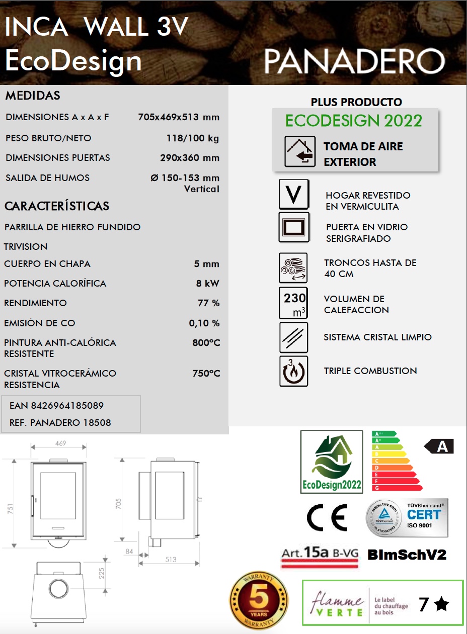 Estufa de leña Panadero INCA WALL 3V 8 kW