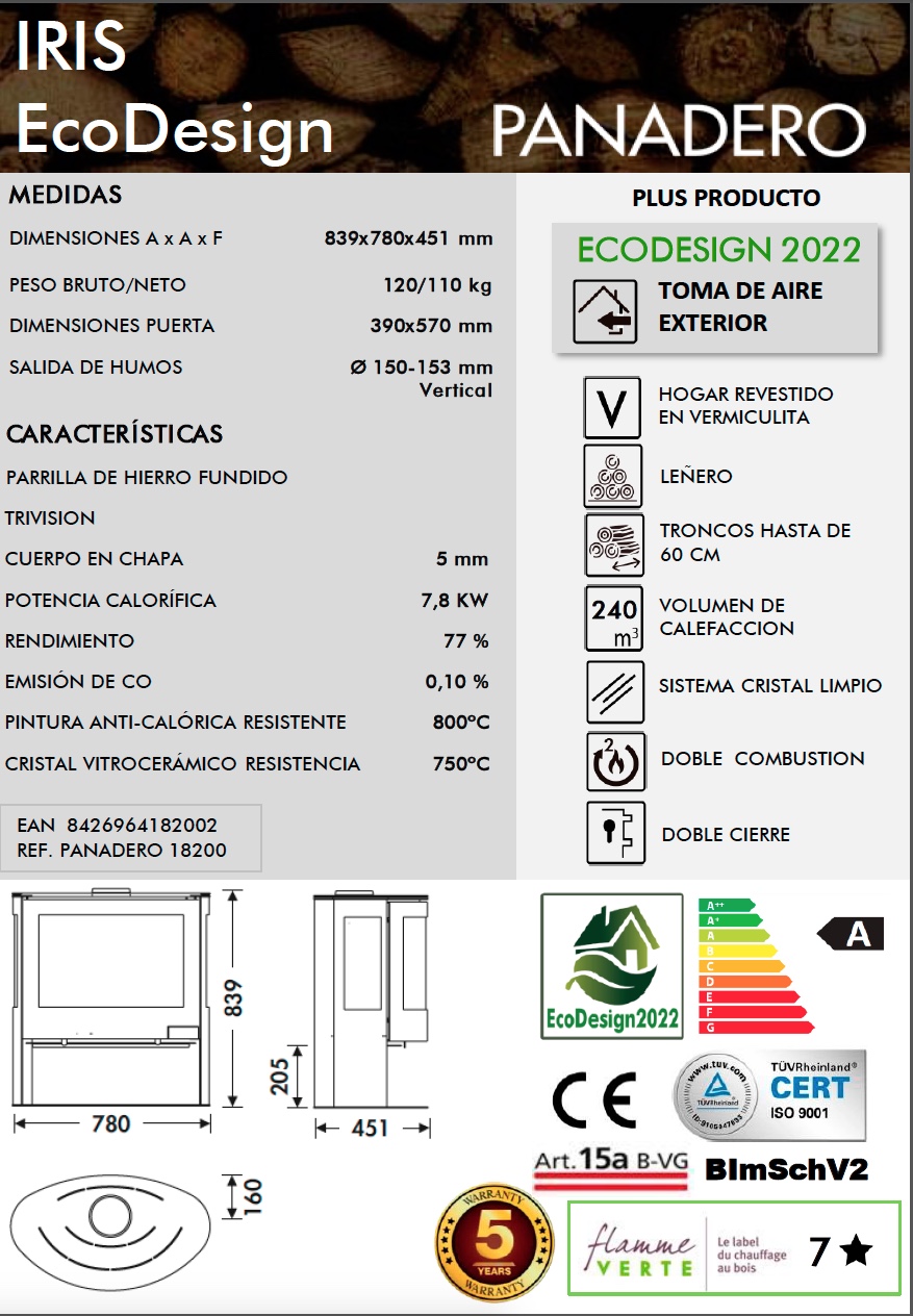 Estufa de leña Panadero IRIS 7,8 kW