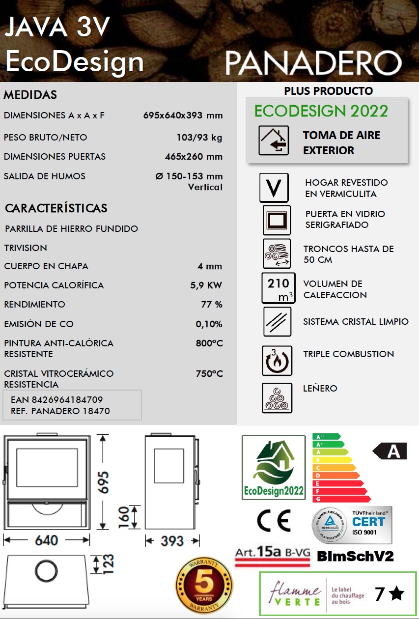 Estufa de leña Panadero JAVA 3V 5,9 kW