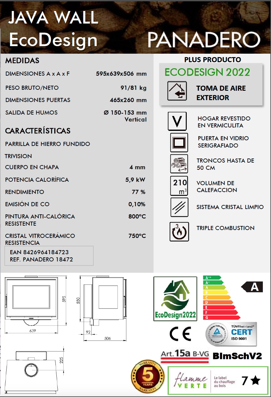 Estufa de leña Panadero JAVA WALL 5,9 kW