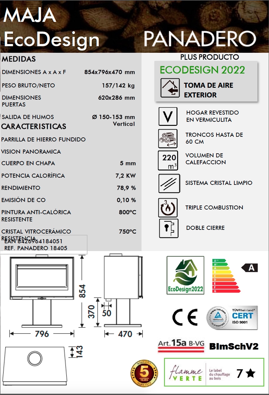 Estufa de leña Panadero MAJA 7,2 kW