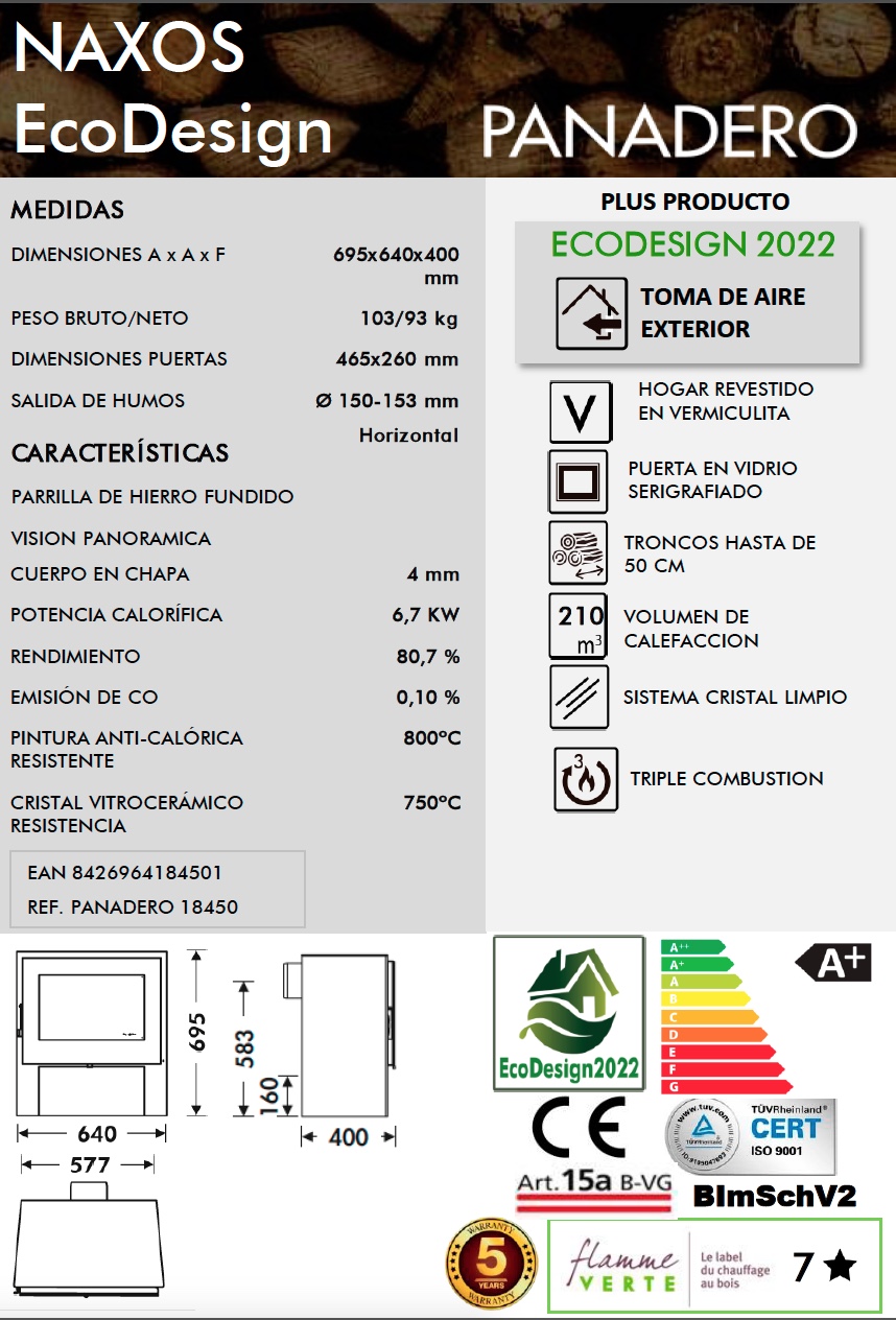 Estufa de leña Panadero NAXOS 6,7 kW