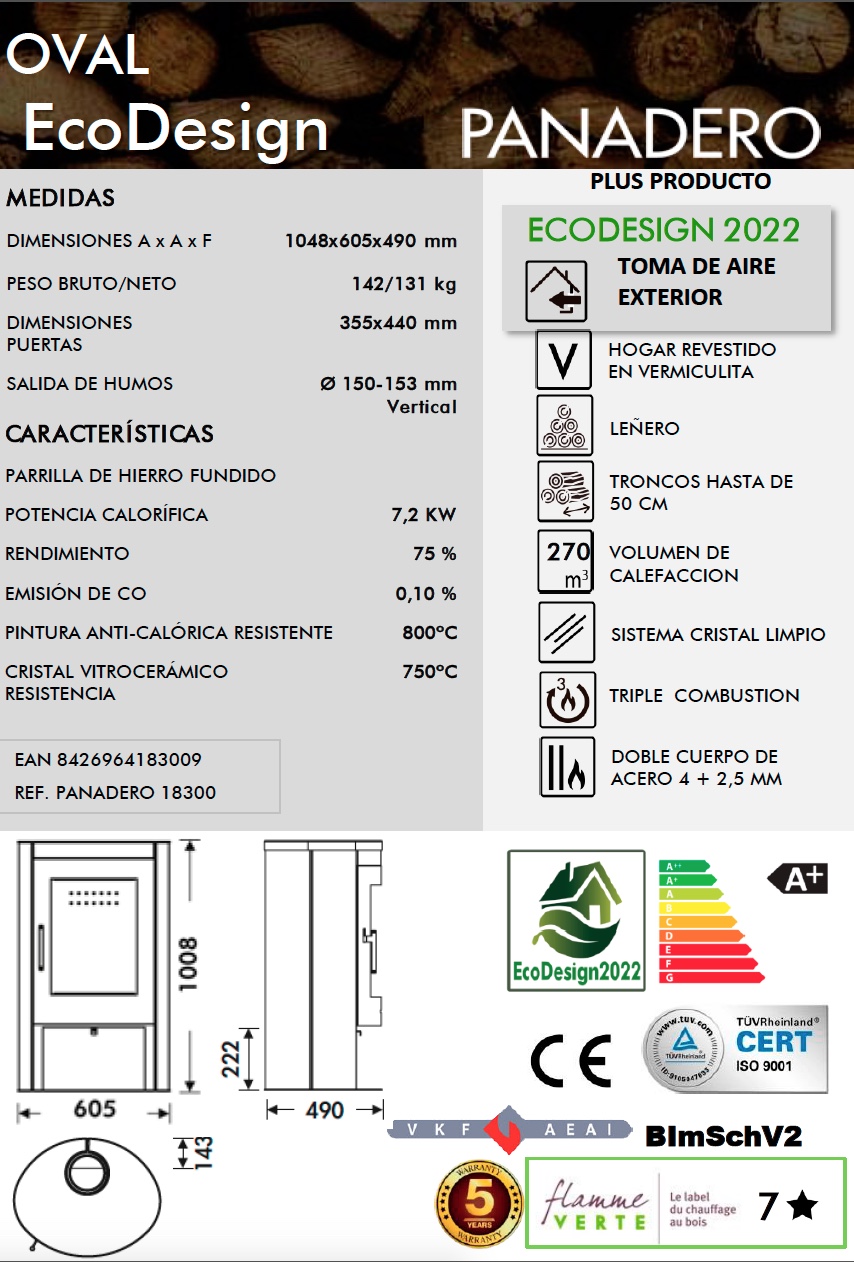 Estufa de leña Panadero OVAL 7,2 kW