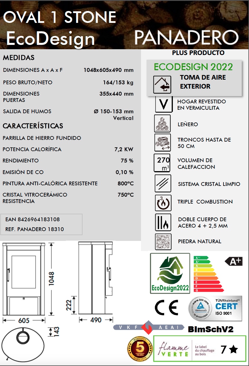 Estufa de leña Panadero OVAL "1 STONE" 7,2 kW