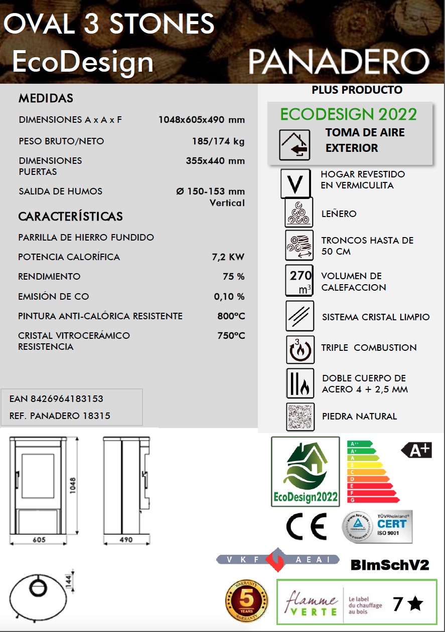 Estufa de leña Panadero OVAL "3 STONES" 7,2 kW