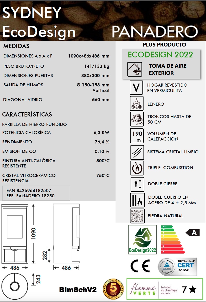 Estufa de leña Panadero SYDNEY 6,3 kW