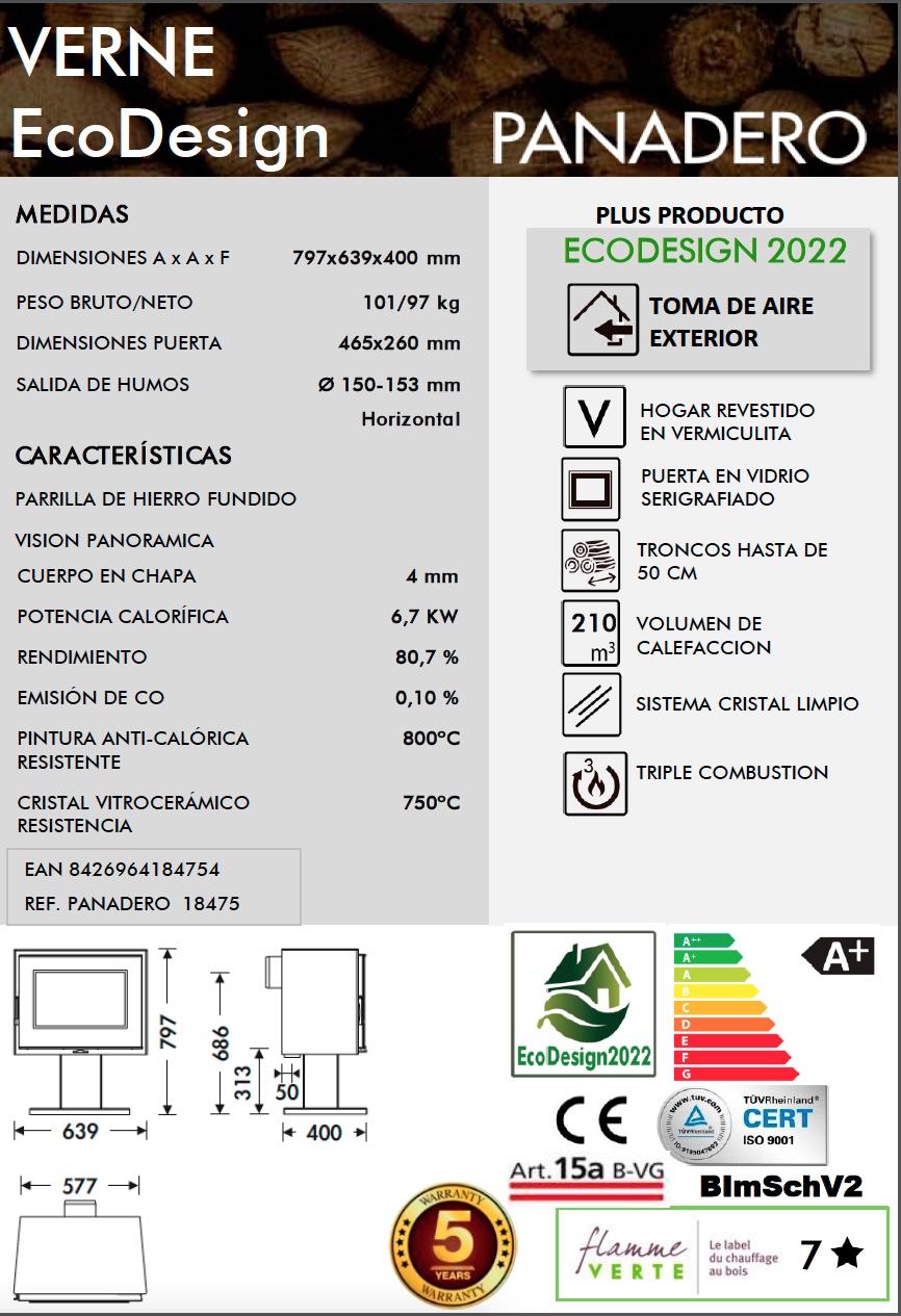 Estufa de leña Panadero VERNE 6,7 kW