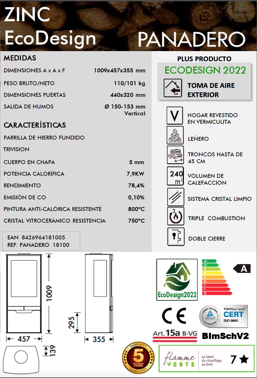 Estufa de leña Panadero ZINC 7,9 kW